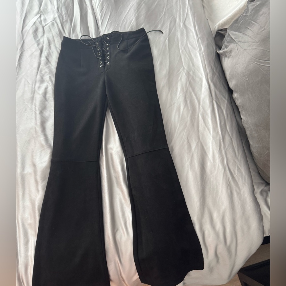 Beginning Boutique mid rise lace up flare suede black pants us 4